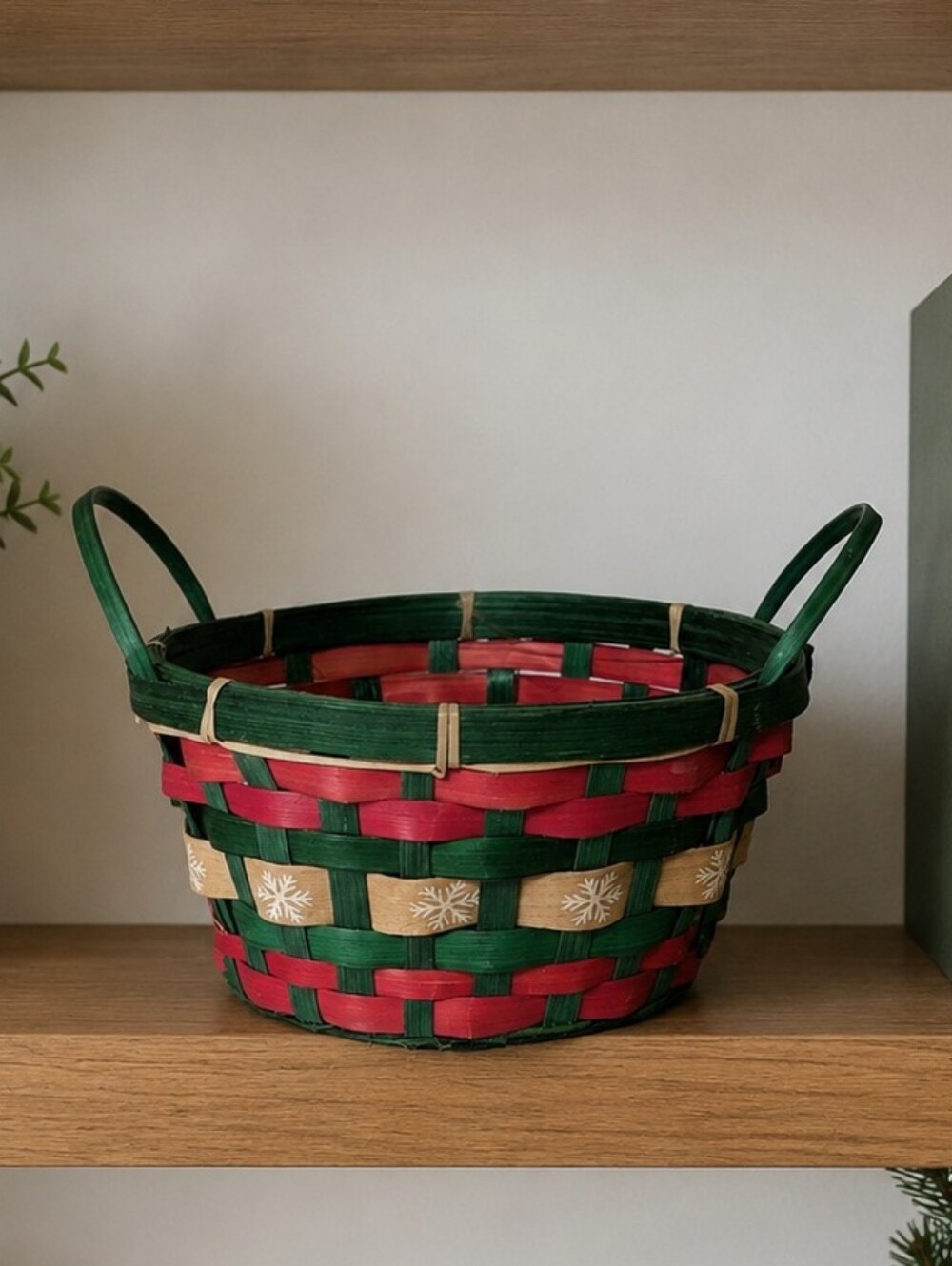 Handwoven Christmas Basket Red Green Snowflake Woven Decor Storage Basket